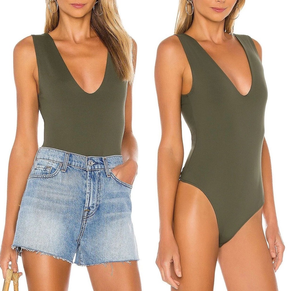 Free People Intimately Keep It Sleek Bodysuit Army Green Plunge Back Neck S NEW